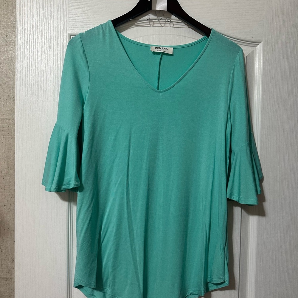 Zenana Outfitters Teal V-Neck Ruffle Sleeve Blouse